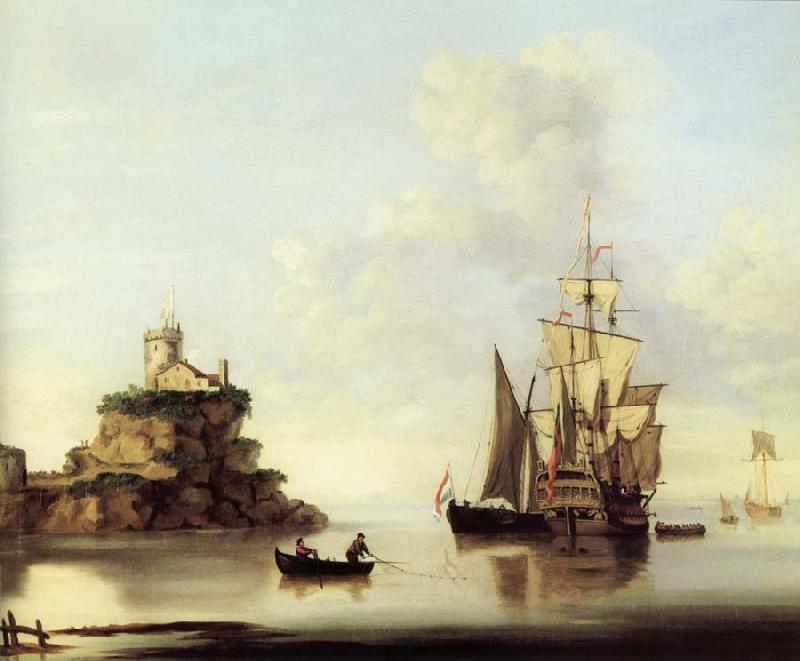 Francis Swaine An English two-deker and a Dutch barge at anchor off a coastal fort France oil painting art